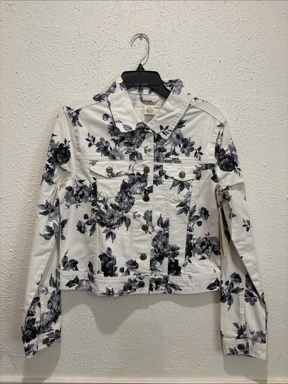 Andrea Jovine White Denim Jacket with Black Floral Print